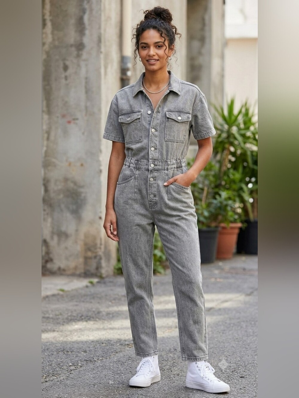 Crescent Grey Short-Sleeve Denim Jumpsuit